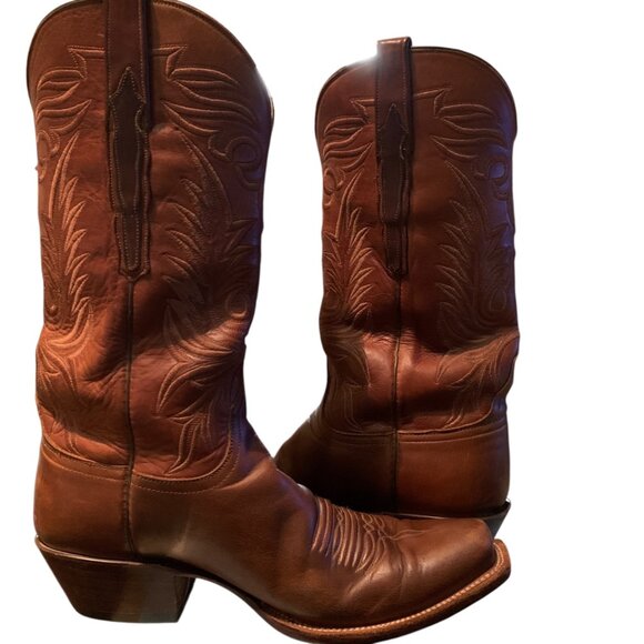 Lucchese Handmade Brown Leather Cowboy Boots Square Toe Mens Sz 10 USA - Picture 10 of 13